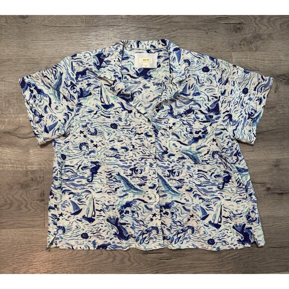 Anthropologie Maeve Classic Surf Shirt Linen Blend Blue White Open Back Large - Picture 1 of 7